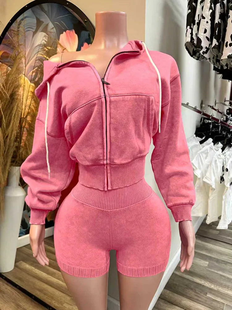 Women's Long Sleeve Zip Hooded Two Piece Set