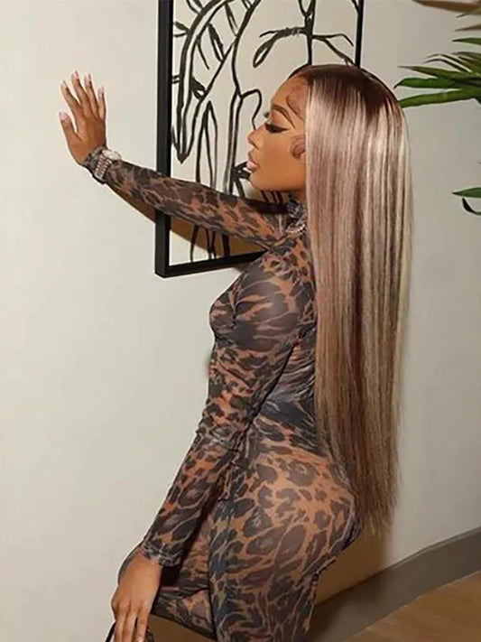 Women's Leopard Print Mesh Long Sleeve Romper Brown – Front View