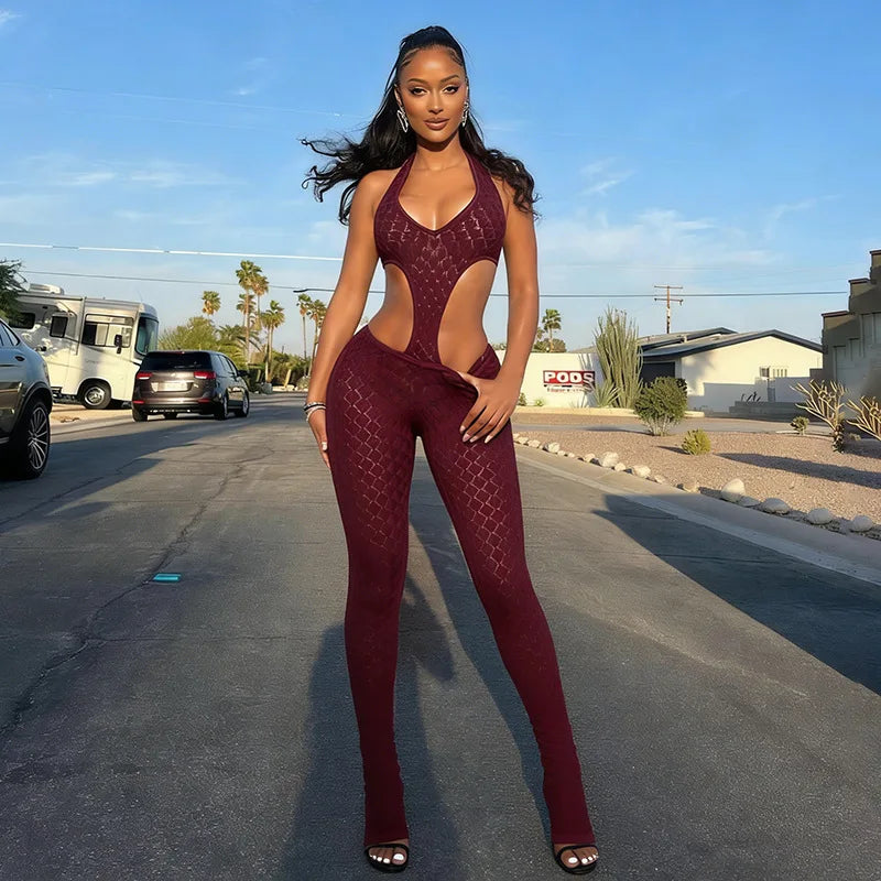 Women's Mesh Knit Backless Halter Ribbed Romper