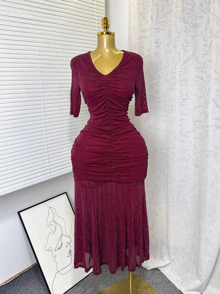 Women's Mesh Sequin Ruched V-neck Bodycon Dress - Additional View 8