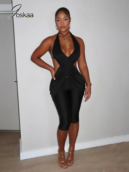 Women's V-neck Halter Bodycon Romper - Front View