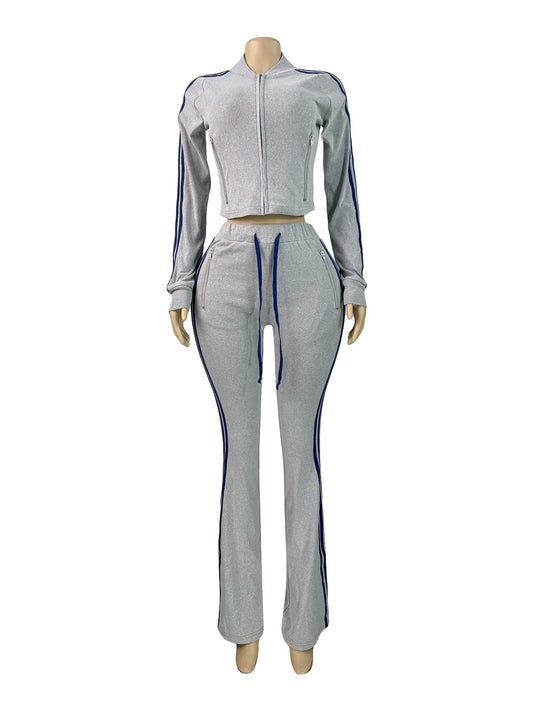 Joskaa Stripe Velvet Zip Up Long Sleeve Two Piece Set - two piece set image 2