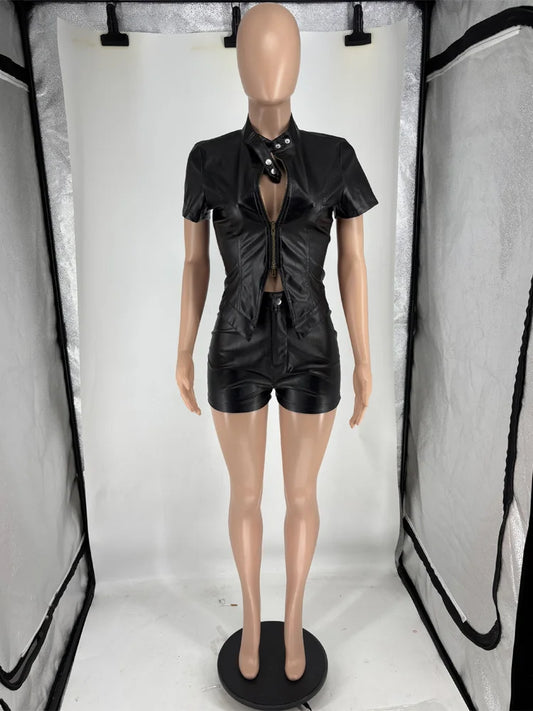 Joskaa Faux Leather Zip Up Short Sleeve Two Piece Set - two piece set image 2