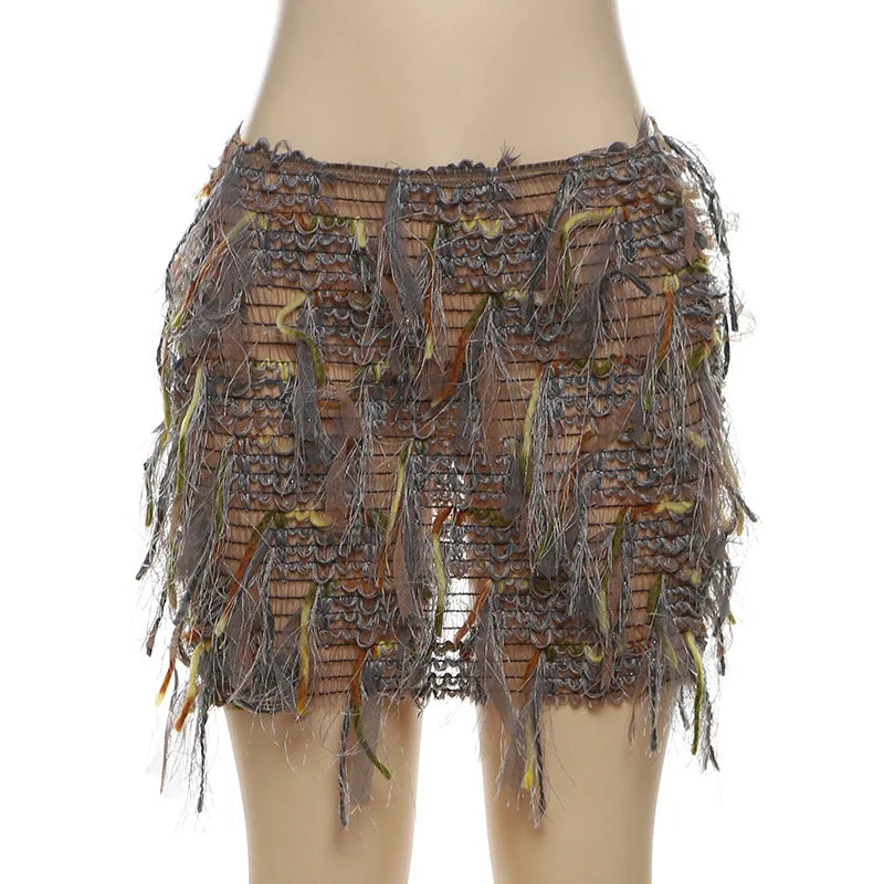 Women's Stripe Bodycon Mini Colorful Striped Tassel Skirt