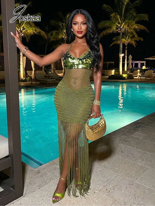 Women's Sequin Ribbed Knit Cutout Halter Bodycon Dress - Front View