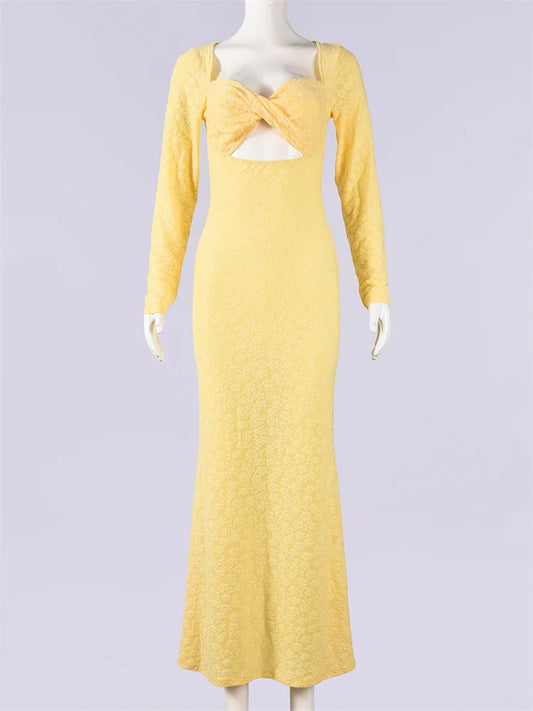 Joskaa Long Sleeve Bodycon Dress Elegant Jacquard Yellow - bodycon dress image 2
