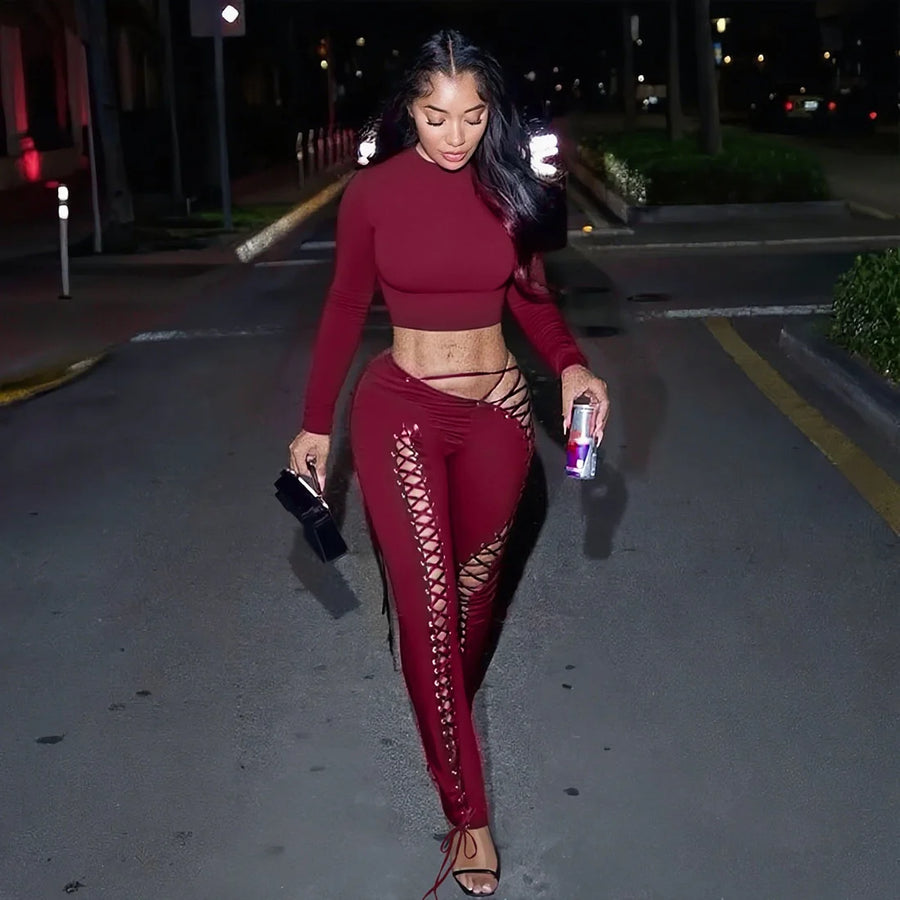 Women's Lace Cutout Long Sleeve Two Piece Set