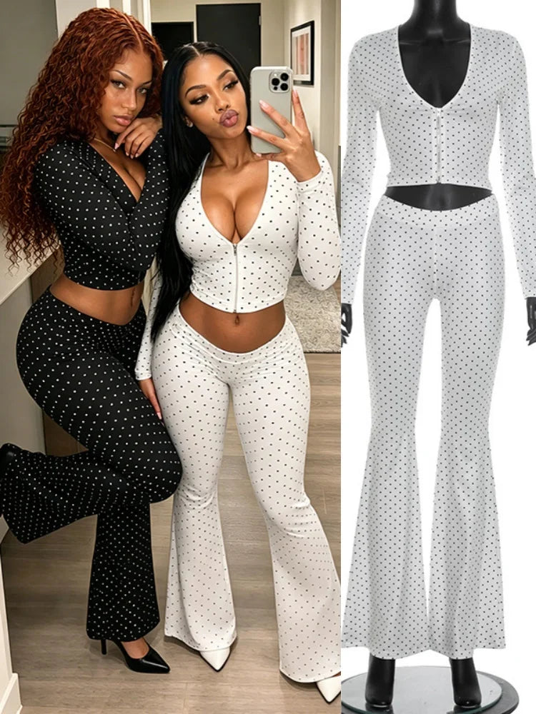 Women's Polka Dot V-neck Zip Up Long Sleeve Two Piece Set - Additional View 8