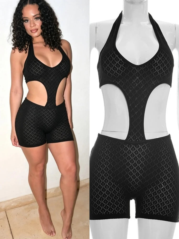 Women's Ribbed Knit Backless Cutout Halter Romper - Additional View 8