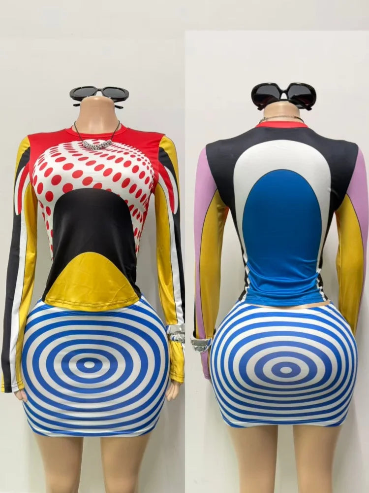 Women's Polka Dot Striped Swirl Print Long Sleeve Two Piece Set - Additional View 7