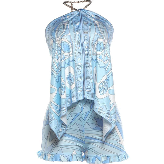 Women's Blue Backless Halter Two Piece Set - Detail View 1
