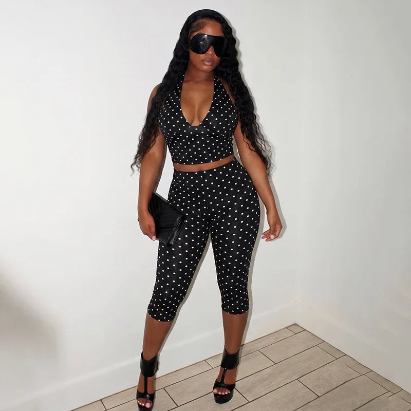 Women's Polka Dot Backless Halter Two Piece Set