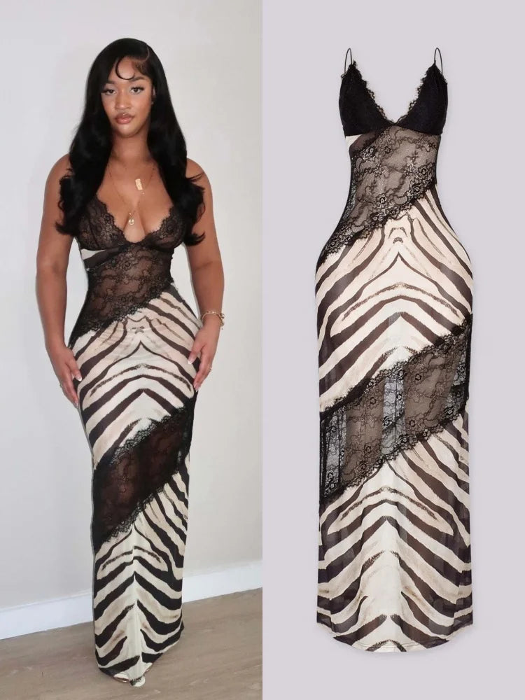 Women's Mesh Lace V-neck Sleeveless Maxi Dress - Additional View 8