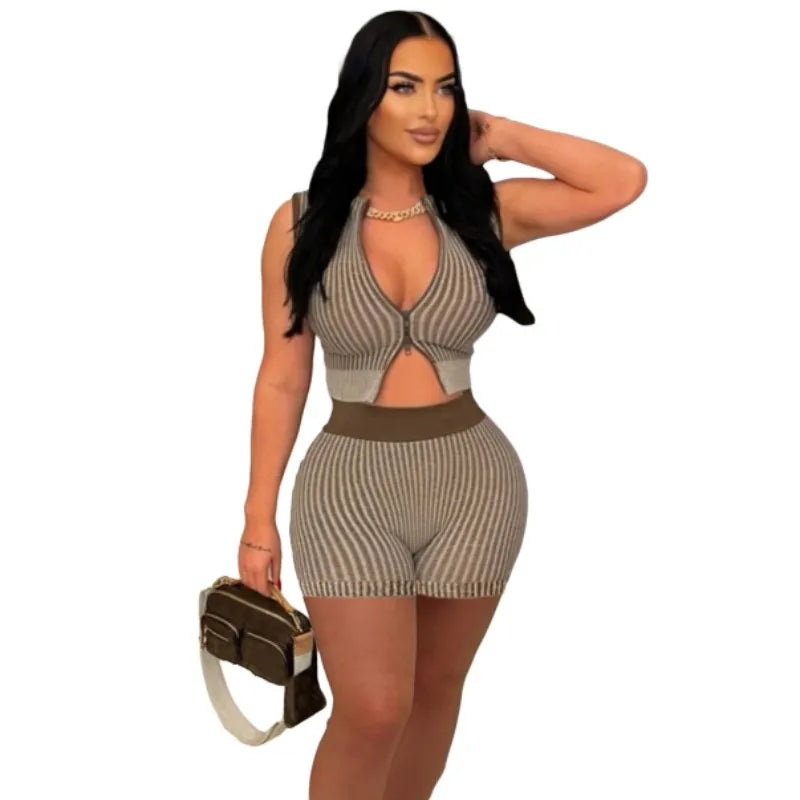 Women's Stripe Knit Crop Ribbed Zip Two Bikini Set