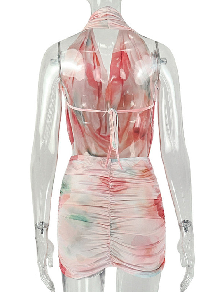 Joskaa Floral Print Backless Halter Pleated Two Piece Set - two piece set image 4