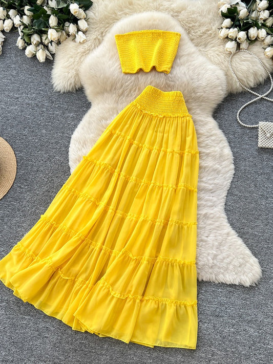 Women's Yellow Pleated Layered Two Piece Skirt Set - Front View