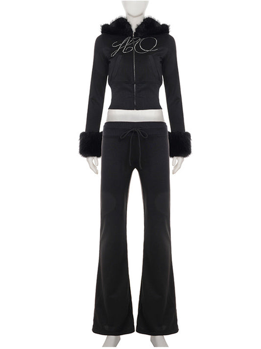 Joskaa Rhinestone Zip Up Hooded Long Sleeve Two Piece Set - two piece set image 2