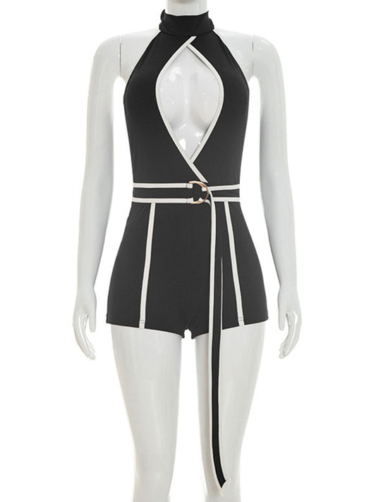 Joskaa Backless Halter Romper Color Block Tie - romper image 2