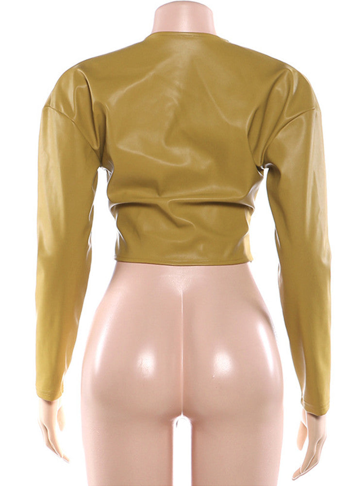Joskaa Faux Leather Ruched Zip Up Long Sleeve Jacket - jacket image 4