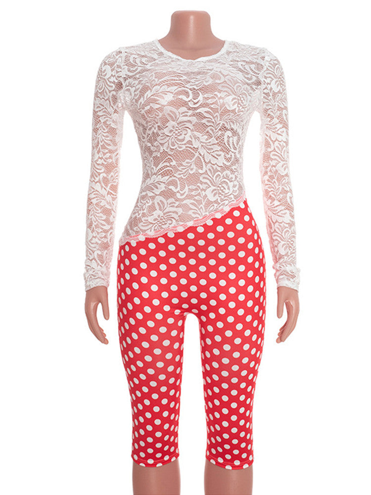 Joskaa Polka Dot Lace Backless Long Sleeve Romper - romper image 2