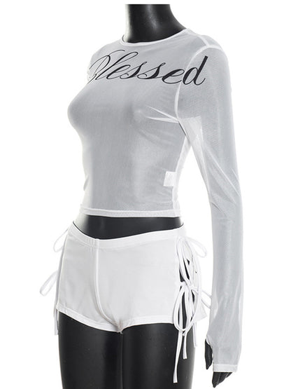 Joskaa Mesh Long Sleeve Crop Two Piece Set - two piece set image 3