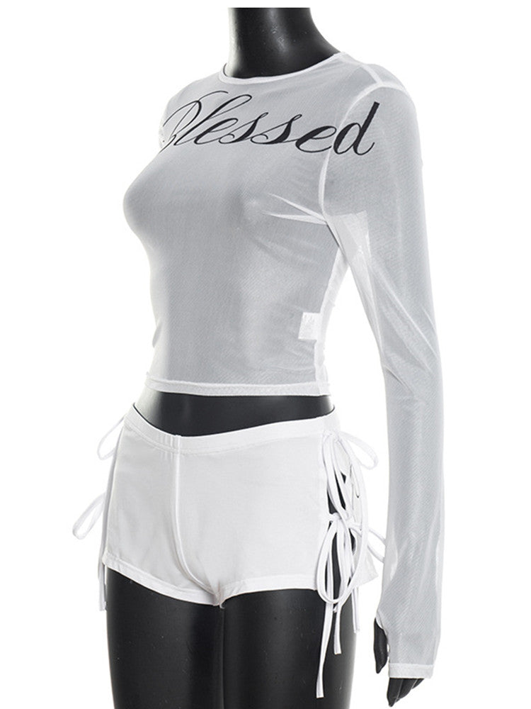 Joskaa Mesh Long Sleeve Crop Two Piece Set - two piece set image 3