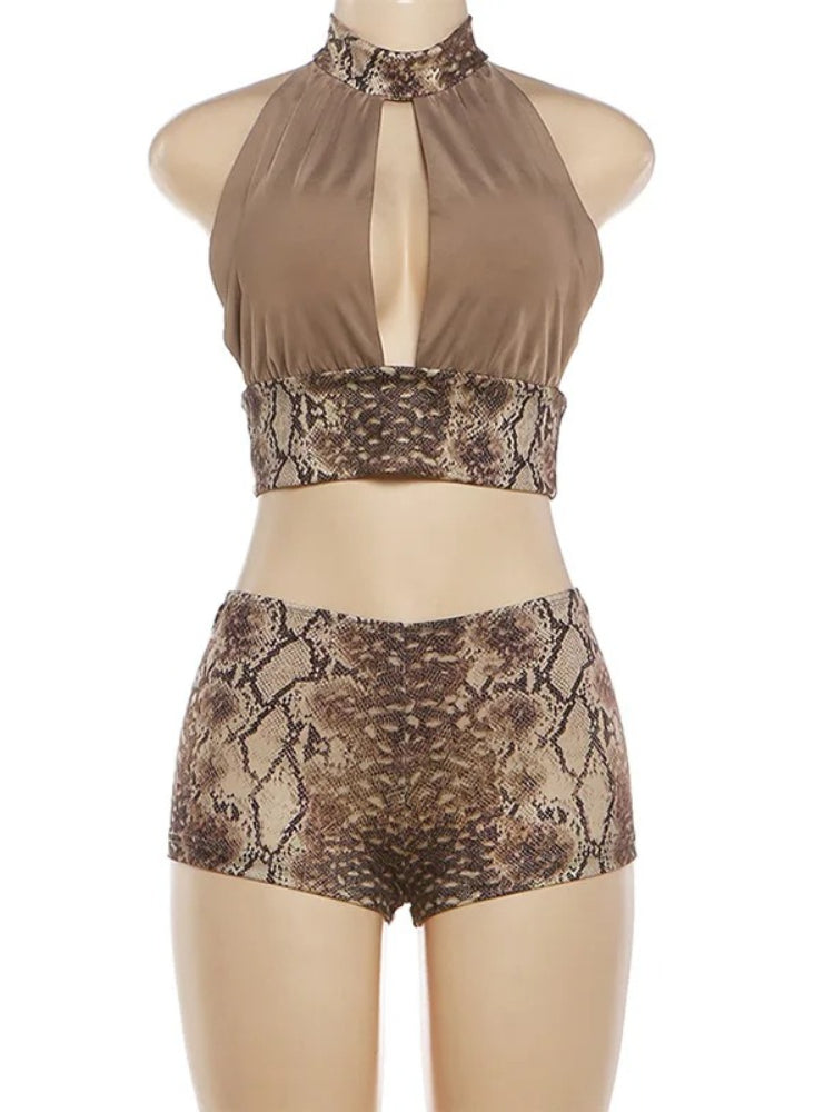 Joskaa Snake Print Backless Halter Crop Two Piece Set - two piece set image 3