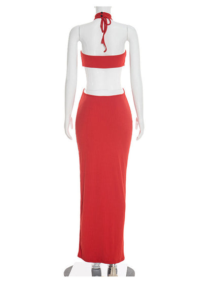 Joskaa Ribbed Knit Backless Halter Sleeveless Two Piece Set - two piece set image 4