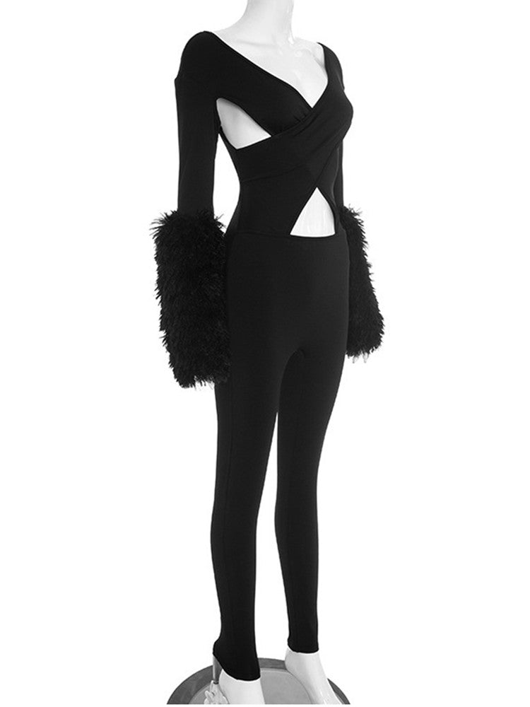 Joskaa Long Sleeve Bodycon Romper Hollow Out V-neck - romper image 3