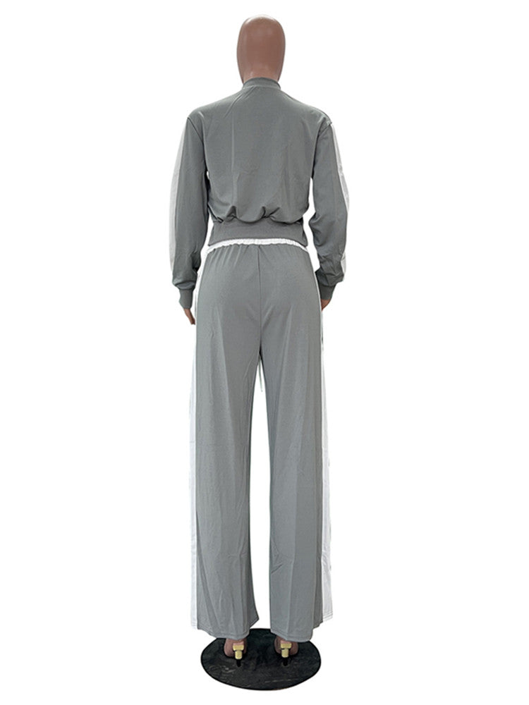 Joskaa Stripe Zip Up Long Sleeve Wide Leg Two Piece Set - two piece set image 4