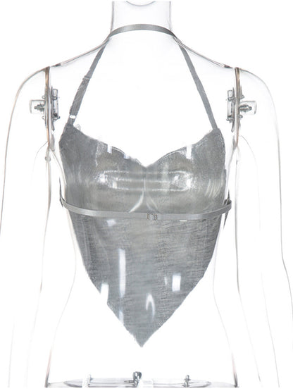 Joskaa Backless Halter Crop Top Camisole Shinny Silver - top image 4