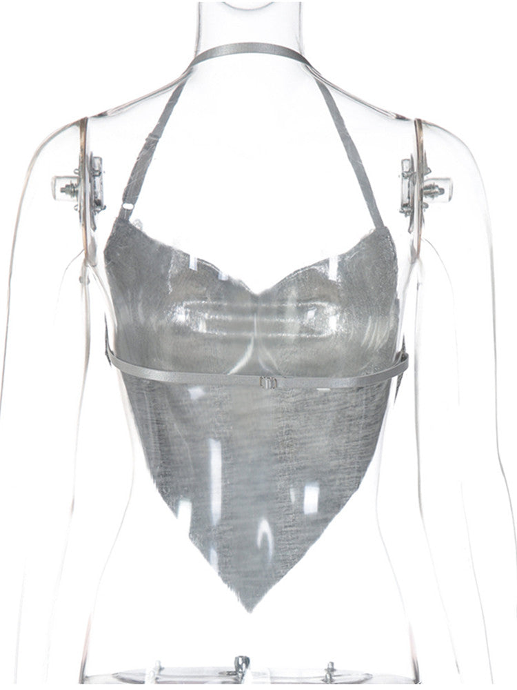 Joskaa Backless Halter Crop Top Camisole Shinny Silver - top image 4