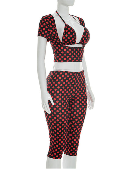 Joskaa Polka Dot Halter Short Sleeve Crop Two Piece Set - two piece set image 3