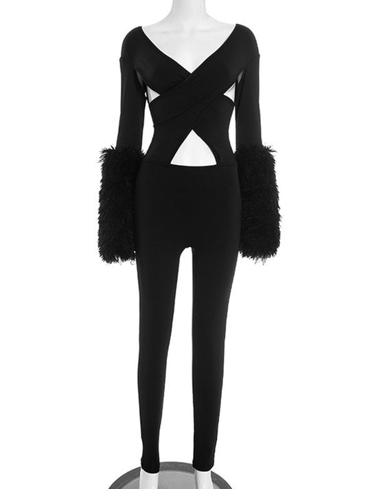 Joskaa Long Sleeve Bodycon Romper Hollow Out V-neck - romper image 2