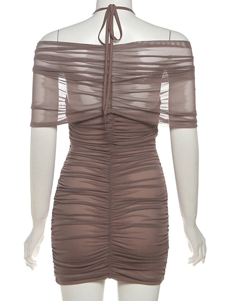 Joskaa Mesh Ruched Halter Short Sleeve Mini Dress - mini dress image 4