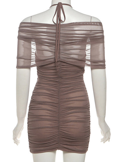 Joskaa Mesh Ruched Halter Short Sleeve Mini Dress - mini dress image 4