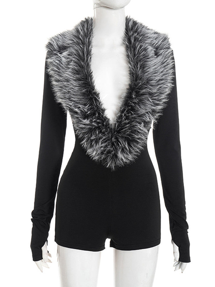 Joskaa Long Sleeve Romper Chic Fur Collar - romper image 2