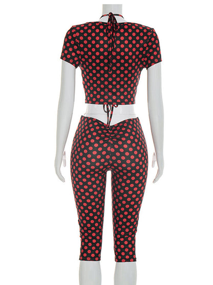 Joskaa Polka Dot Halter Short Sleeve Crop Two Piece Set - two piece set image 4