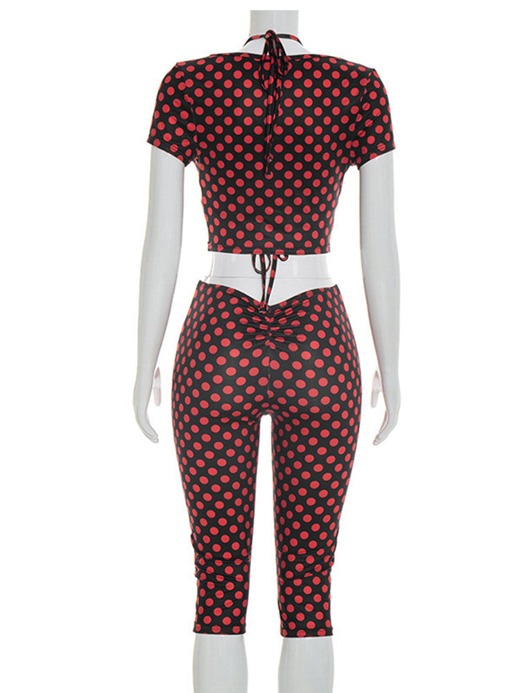 Joskaa Polka Dot Halter Short Sleeve Crop Two Piece Set - two piece set image 4