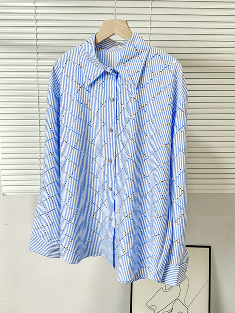 Joskaa Plaid Stripe Rhinestone Long Sleeve Top - top image 3