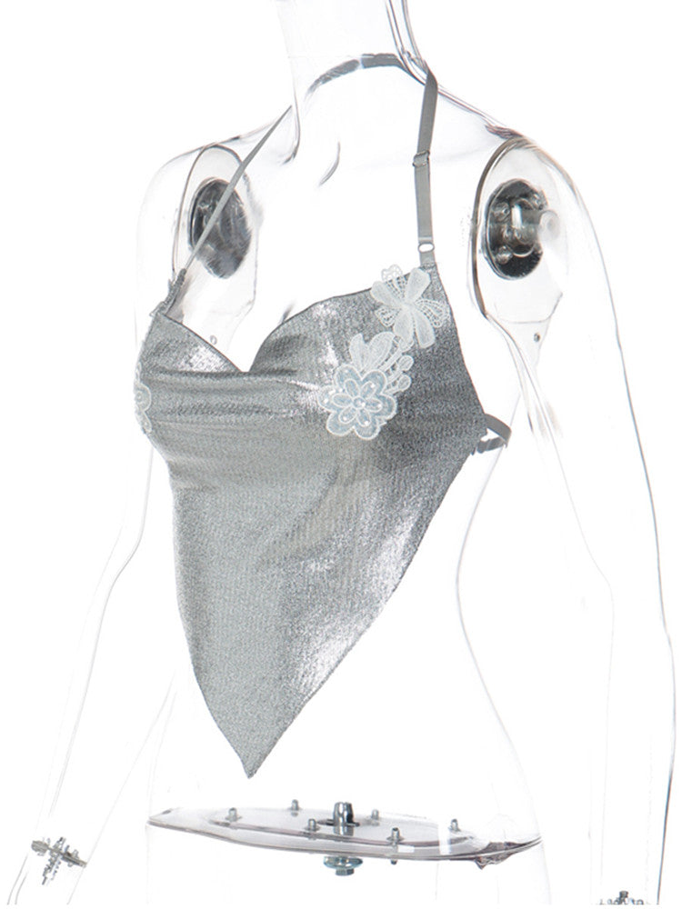 Joskaa Backless Halter Crop Top Camisole Shinny Silver - top image 3