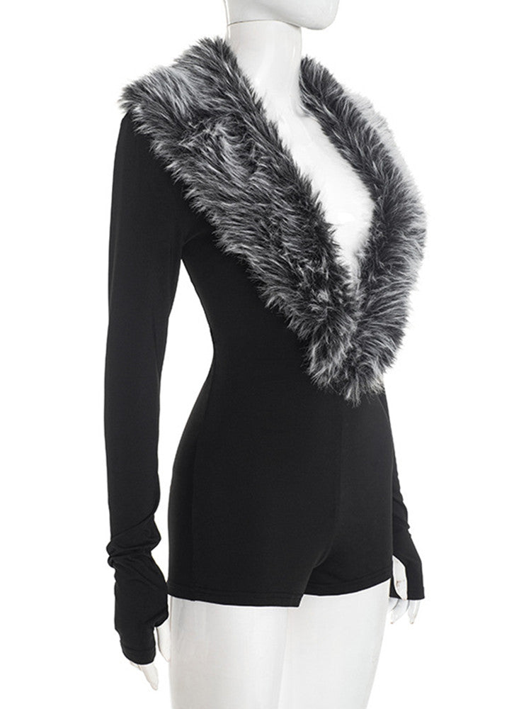 Joskaa Long Sleeve Romper Chic Fur Collar - romper image 3