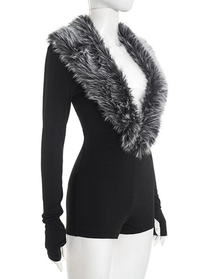 Joskaa Long Sleeve Romper Chic Fur Collar - romper image 3