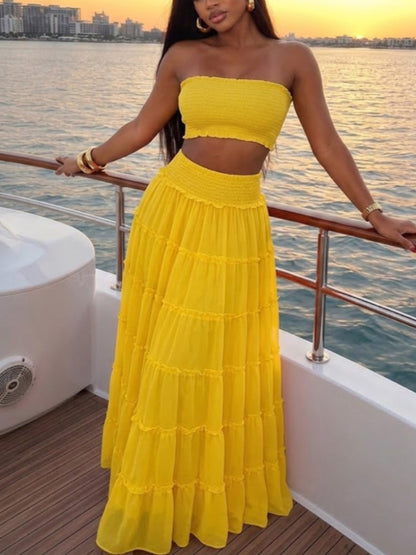 Women's Yellow Pleated Layered Two Piece Skirt Set - Women's Fashion Wholesale - Front View