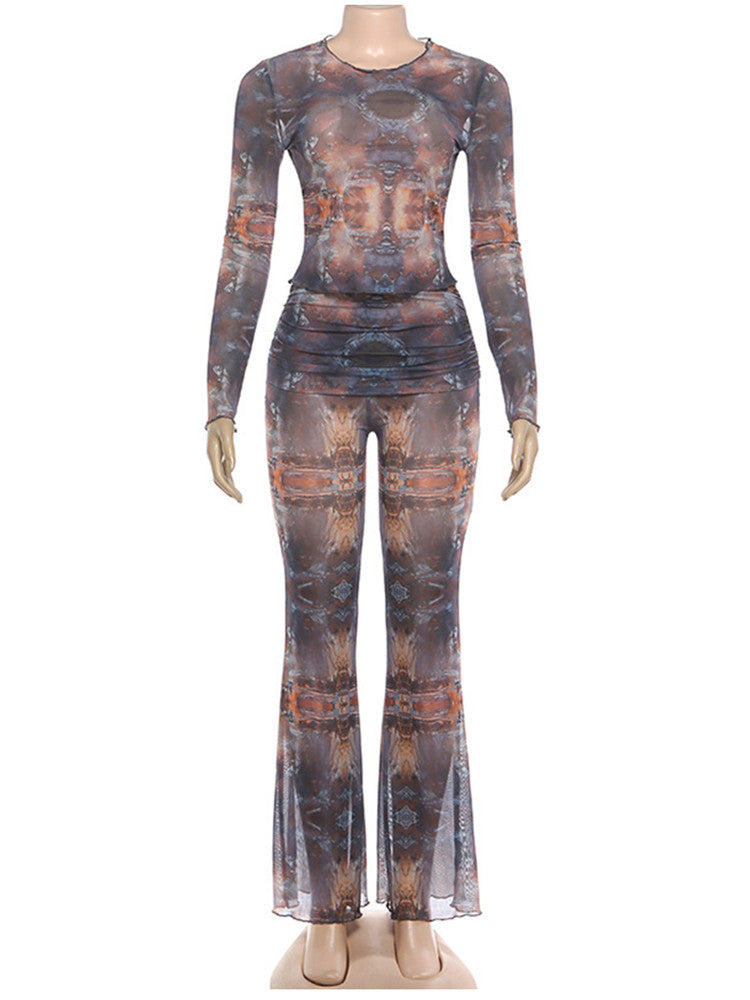 Joskaa Mesh Long Sleeve Flare Two Piece Set - two piece set image 2