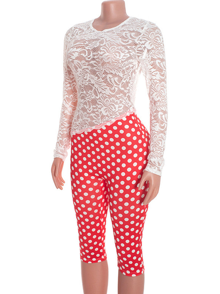 Joskaa Polka Dot Lace Backless Long Sleeve Romper - romper image 3