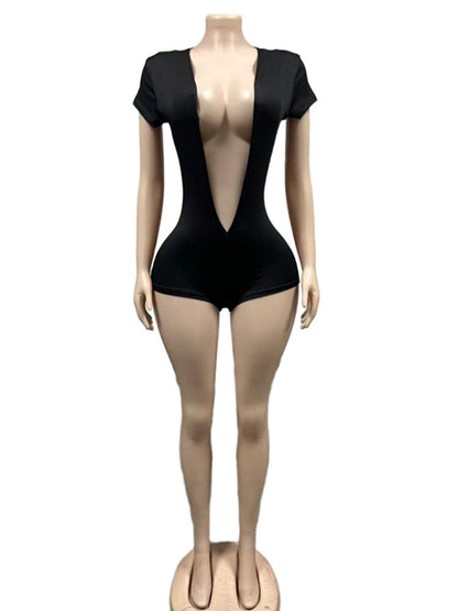Joskaa Short Sleeve Bodycon Romper Deep V-neck Skinny - romper image 4