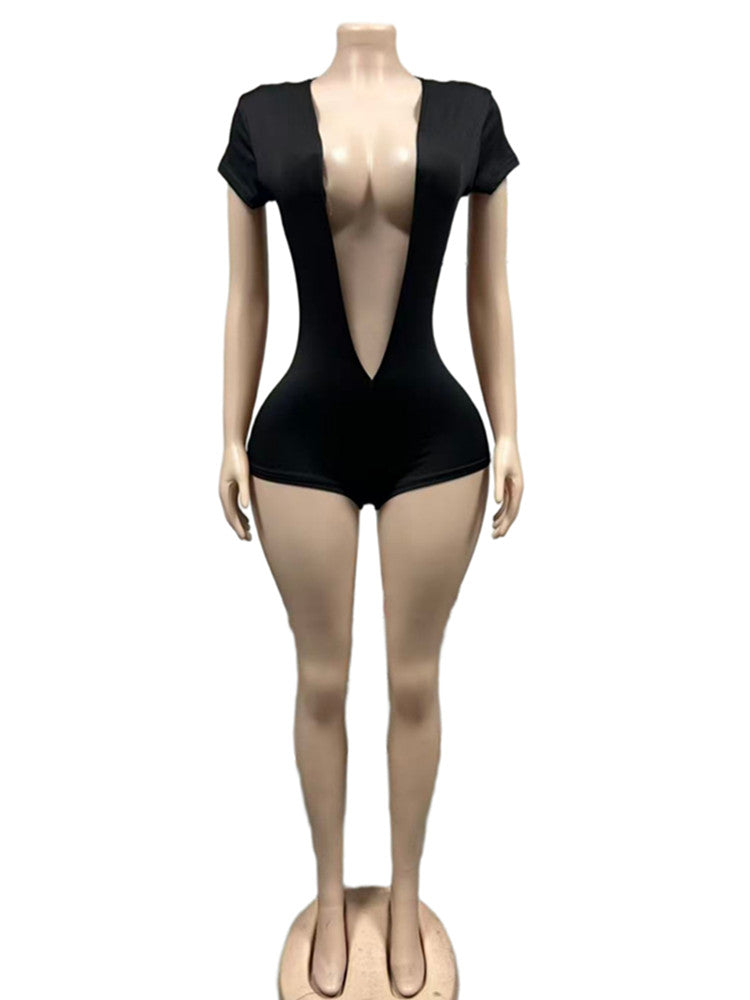 Joskaa Short Sleeve Bodycon Romper Deep V-neck Skinny - romper image 4
