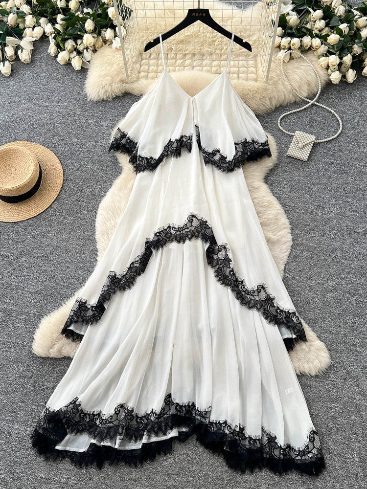 Women's Lace Trim V-Neck Asymmetrical Maxi Dress - Front View