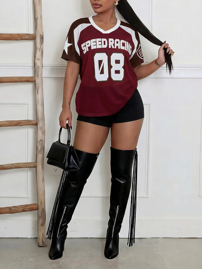 Joskaa Mesh Short Sleeve Top Letter Print Oversized - top image 1